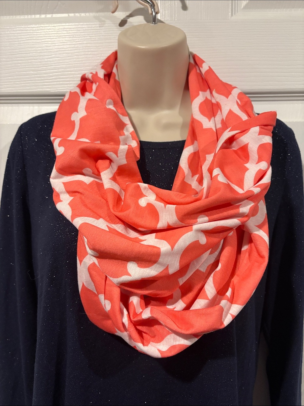 Women's Coral and White Infinity Scarf - Lightweight Fashion Accessory